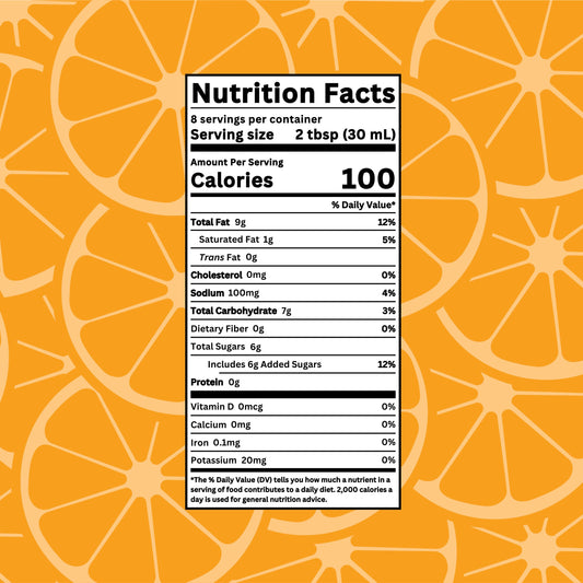 Drench It Clean Citrus Honey Vinaigrette bottle with nutrition facts label, showing a golden-orange salad dressing.