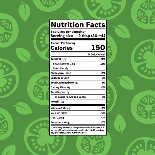 Nutrition facts label for Drench It Clean Mediterranean Fattoush salad dressing.