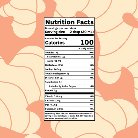 Nutrition facts label for Drench It Clean Sesame Ginger Vinaigrette dressing, showing ingredients and nutritional information.