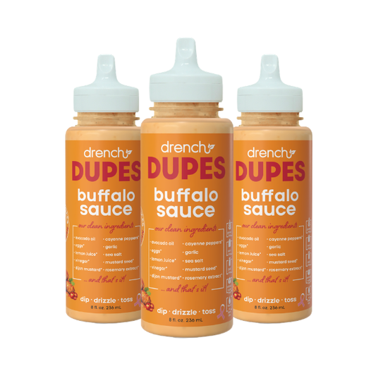 Three bottles of Drench Buffalo Sauce from Drench It Clean in a 3-pack, showcasing the spicy buffalo wing sauce.