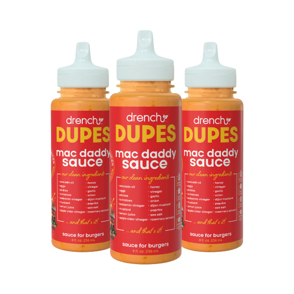 Drench It Clean Mac Daddy Sauce 3-pack bottles with black labels and drip-shaped logo on white background.