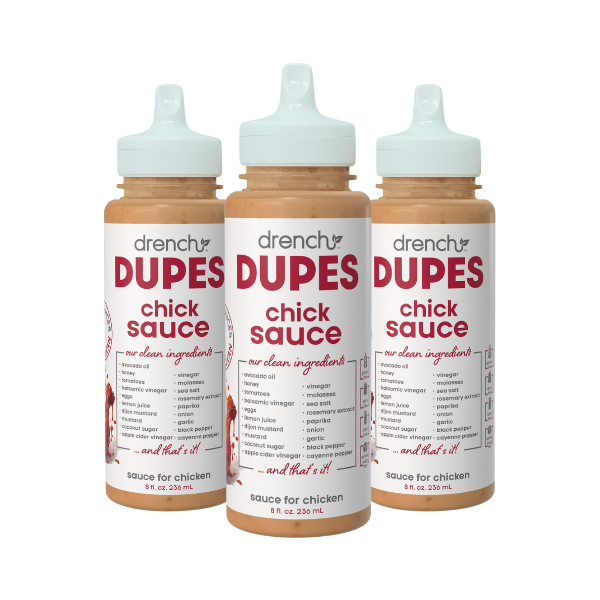 Three bottles of drench Chick Sauce by drench it clean arranged in a box, showcasing the packaging and product label.