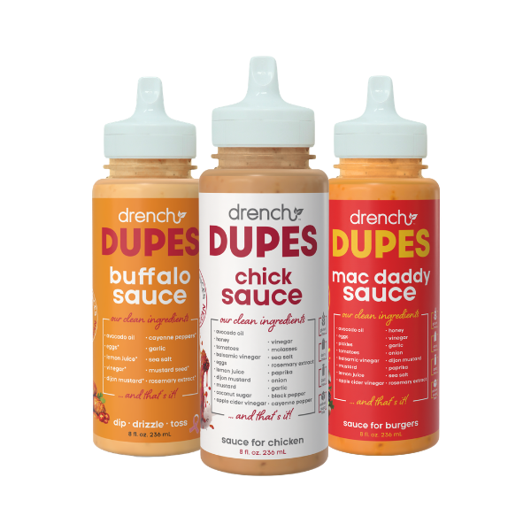 Drench It Clean Drench Variety Sauce 3-pack bottles with colorful labels and different flavors for cooking and dipping.