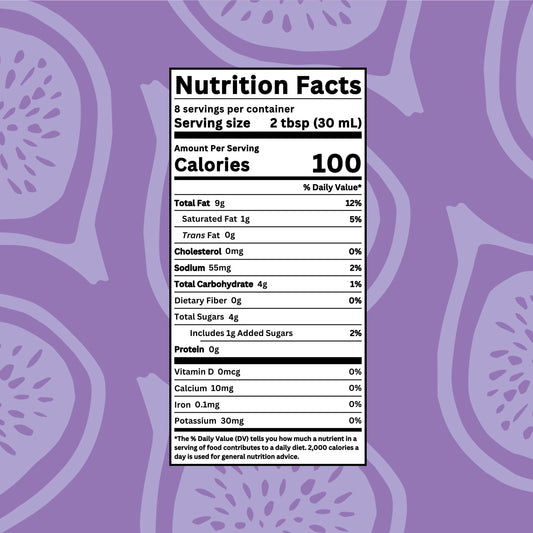 Drench It Clean Balsamic Fig Vinaigrette bottle with nutrition facts label, showcasing the product's natural ingredients and packaging.