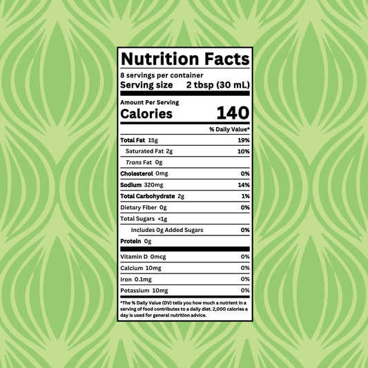 Drench It Clean Vegan Caesar dressing nutrition facts label showing ingredients, calories, and nutritional information.